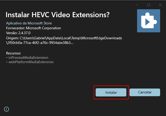 Instalação manual de pacote appxbundle HEVC no Windows