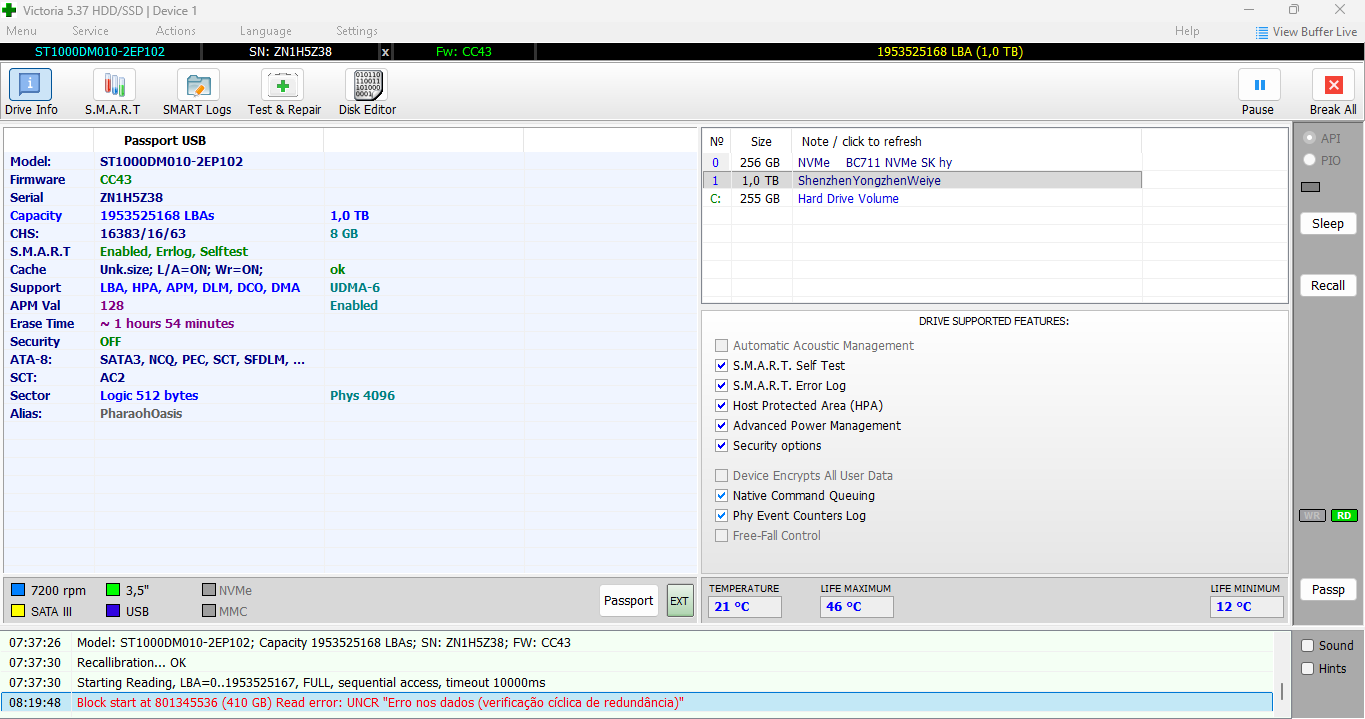 Captura de tela da interface do software Victoria SSD/HDD exibindo o teste de leitura de setores de um disco, disponível para download no Base G.