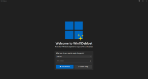 Interface gráfica customizável do script Win11Debloat sendo executada via PowerShell para otimização do sistema operacional.