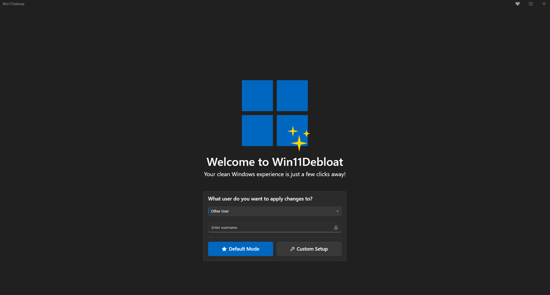 Interface gráfica customizável do script Win11Debloat sendo executada via PowerShell para otimização do sistema operacional.